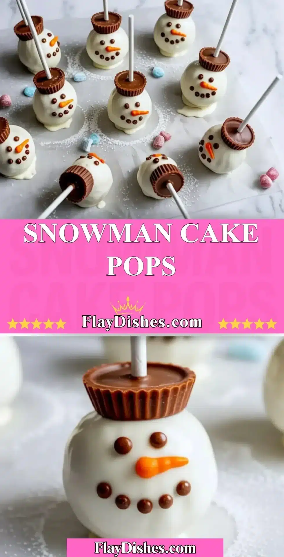 Snowman cake pops decorated for holiday celebrations, perfect for winter parties.