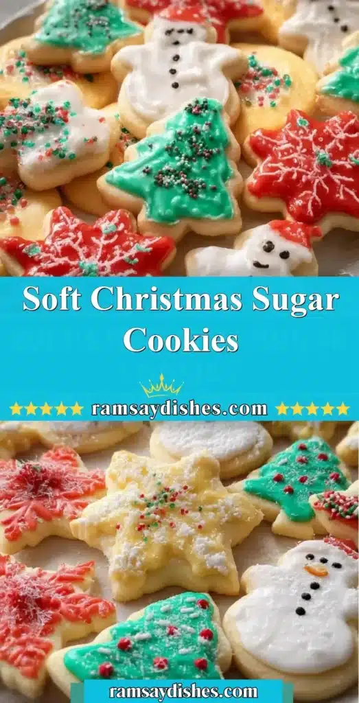 Soft Christmas sugar cookies decorated with festive icing and sprinkles