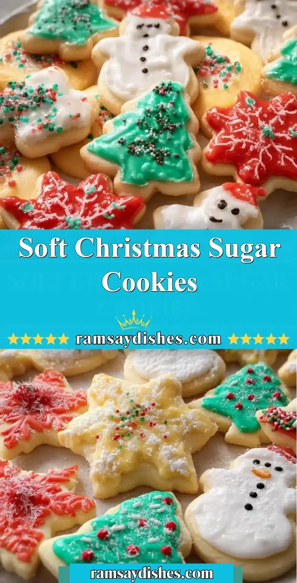 Soft Christmas sugar cookies decorated with festive icing and sprinkles