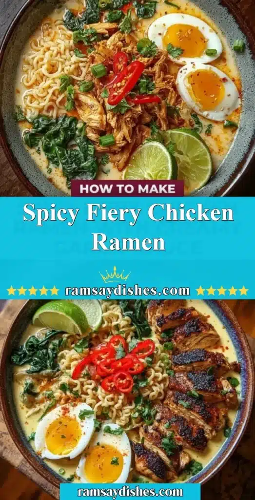 Bowl of Spicy Fiery Chicken Ramen garnished with green onions and chili flakes.