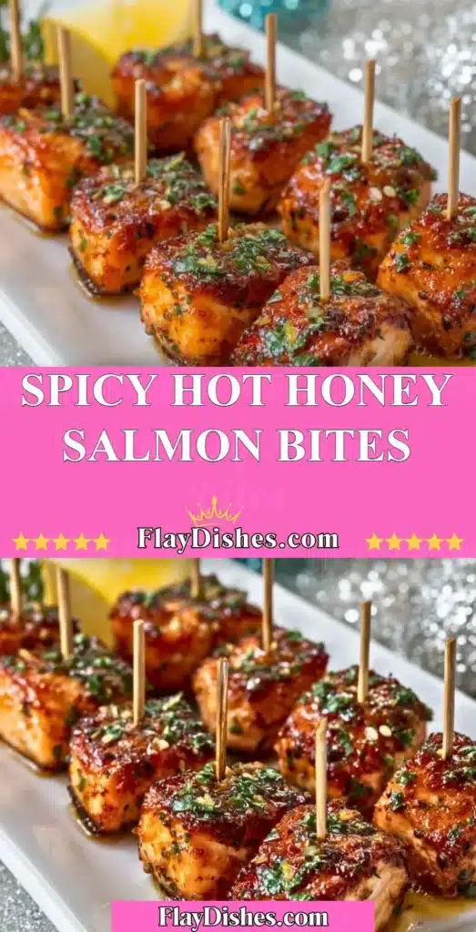 Spicy Hot Honey Salmon Bites on a serving platter garnished with herbs