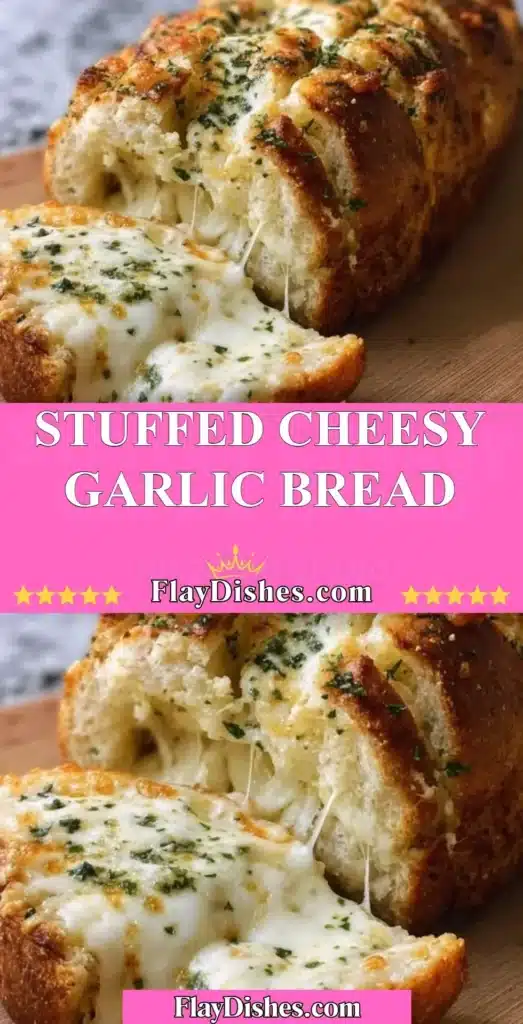 Delicious stuffed cheesy garlic bread with melted cheese and garlic flavor