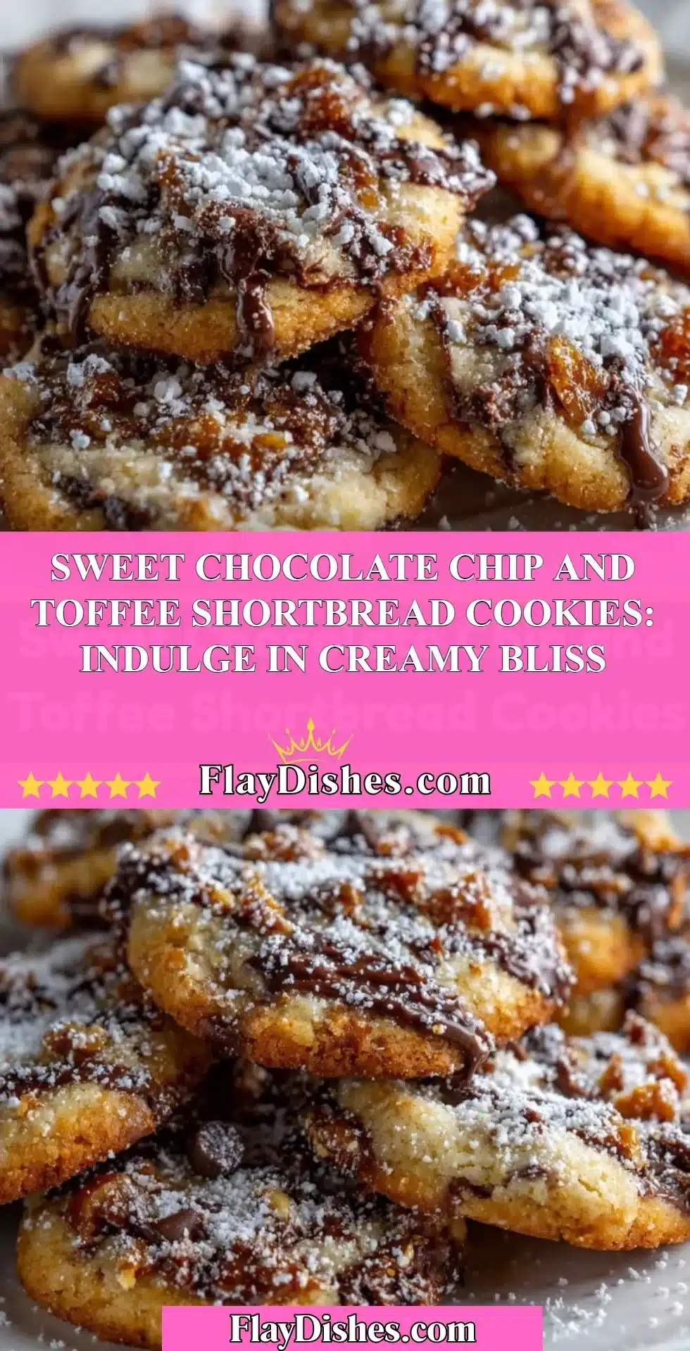 Delicious chocolate chip and toffee shortbread cookies arranged on a plate.