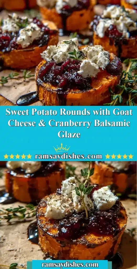 Sweet potato rounds garnished with goat cheese and cranberry balsamic glaze