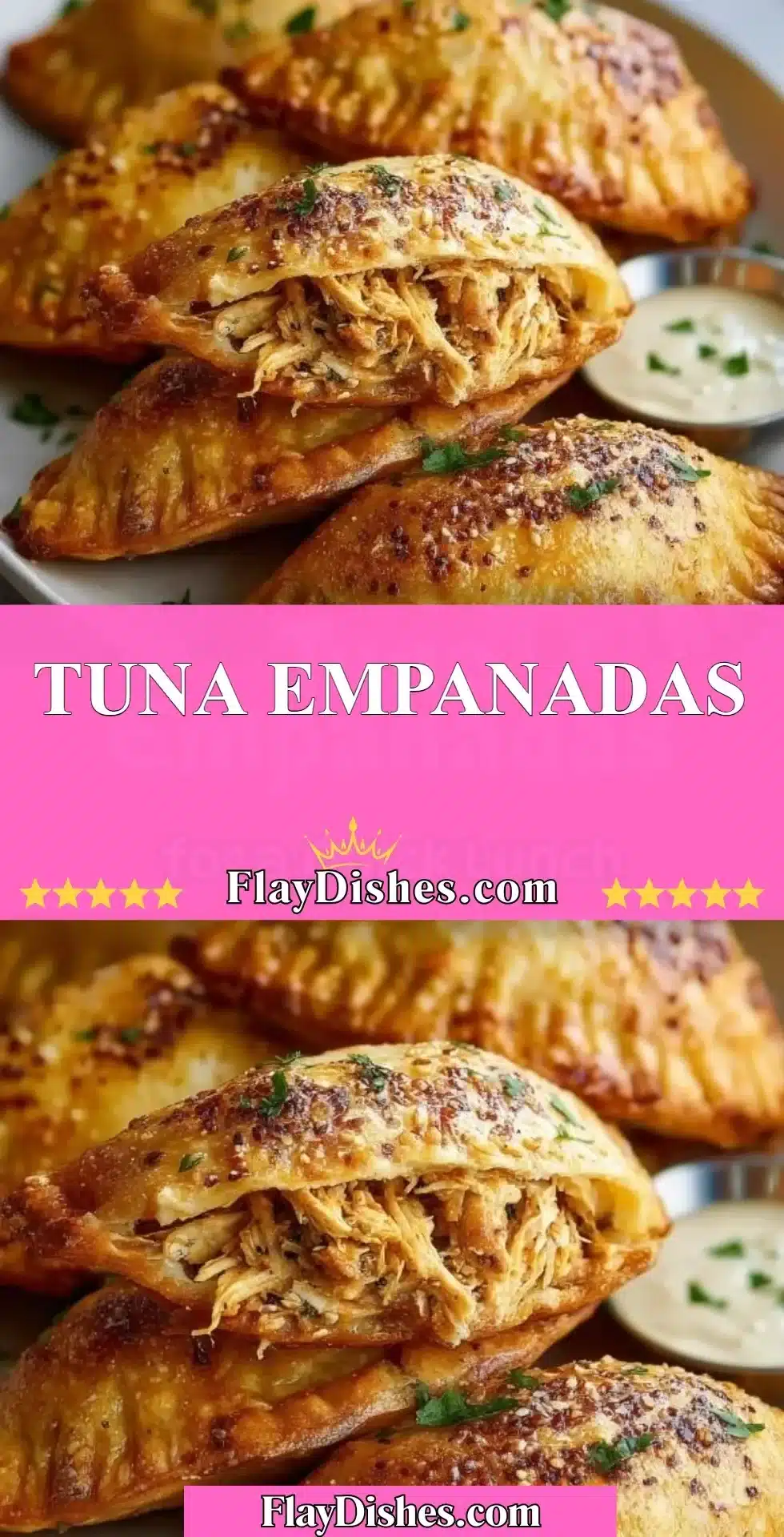 Tuna Empanadas 2 Tasty tuna empanadas served on a plate with dipping sauce