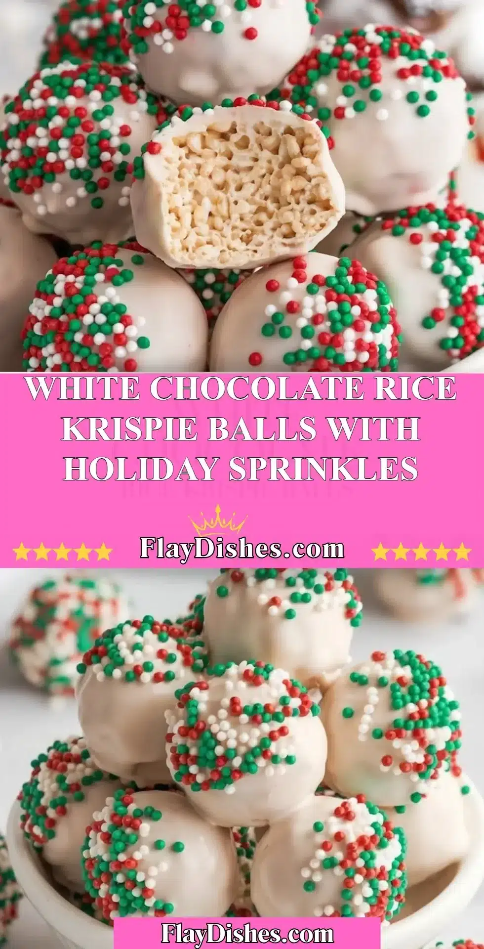 White chocolate rice krispie balls with colorful holiday sprinkles