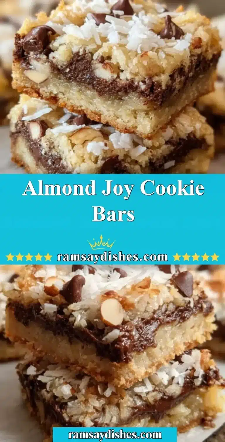 Almond Joy Cookie Bars 6 Delicious Almond Joy Cookie Bars topped with chocolate, coconut, and almonds.