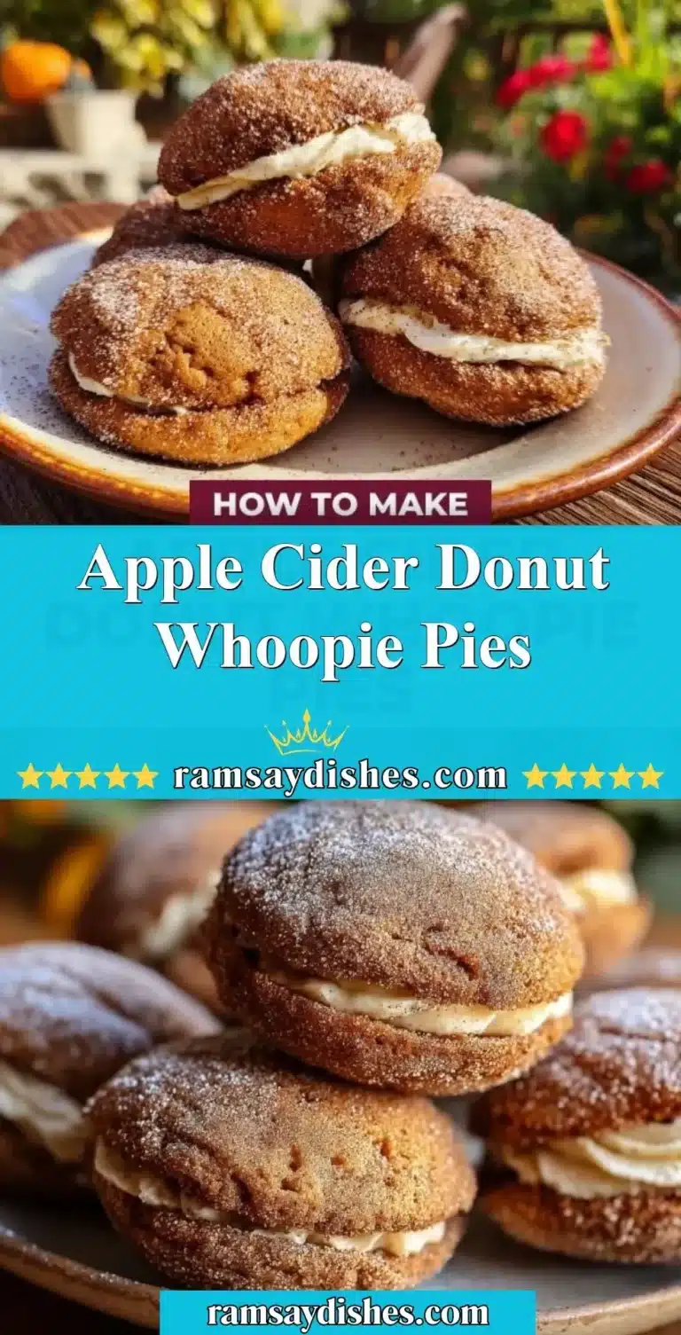 Apple Cider Donut Whoopie Pies 6 Freshly baked apple cider donut whoopie pies on a rustic wooden table