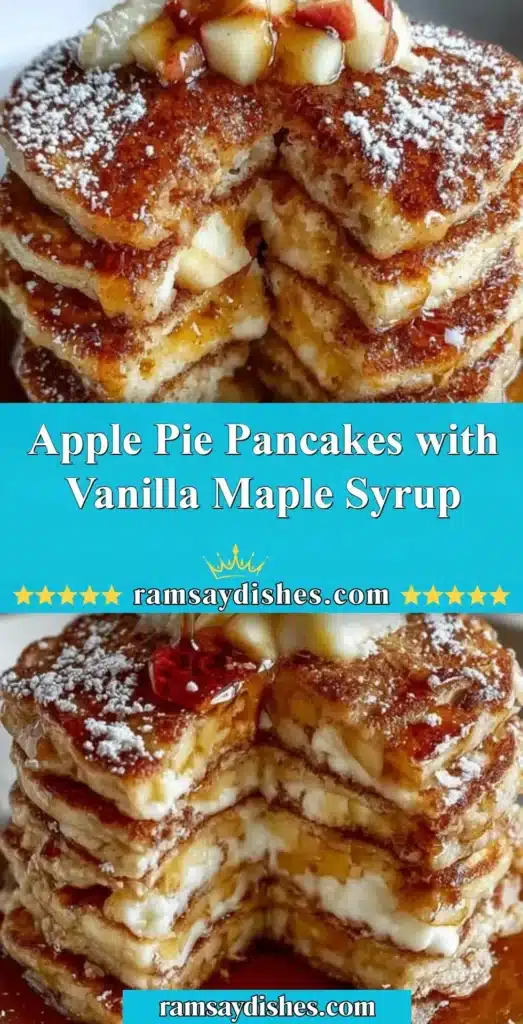 Fluffy apple pie pancakes drizzled with vanilla maple syrup on a plate