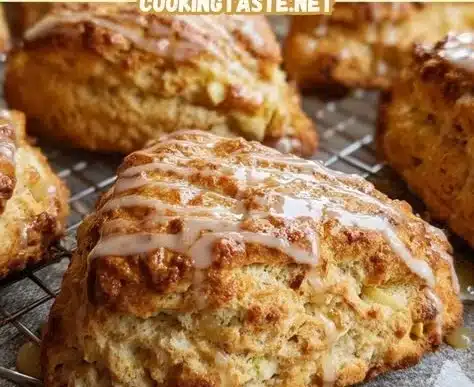 Apple Scones with Maple Glaze 9 Freshly baked apple scones drizzled with maple glaze on a plate