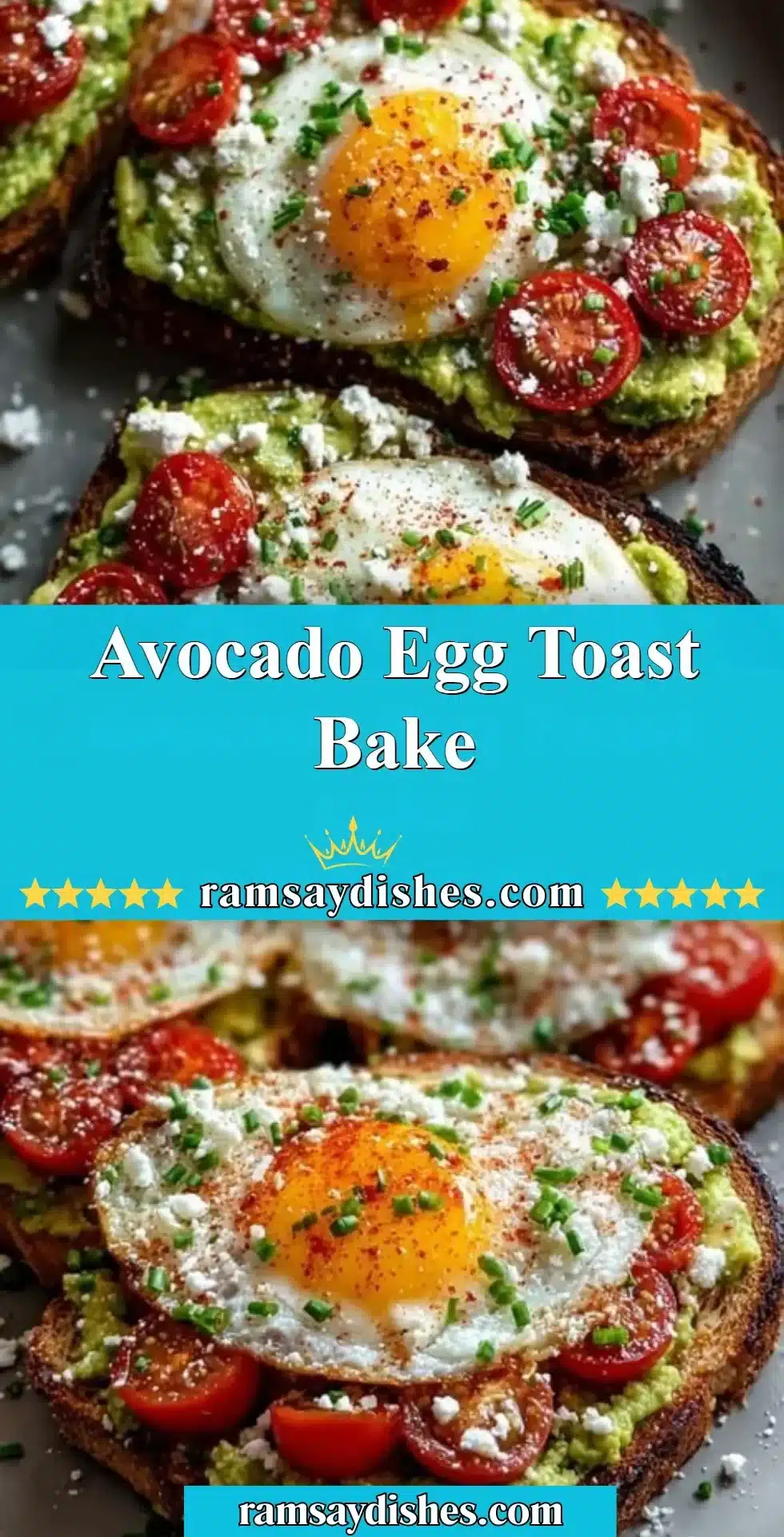 Baked Avocado Egg Toast topped with eggs and herbs in a serving dish.
