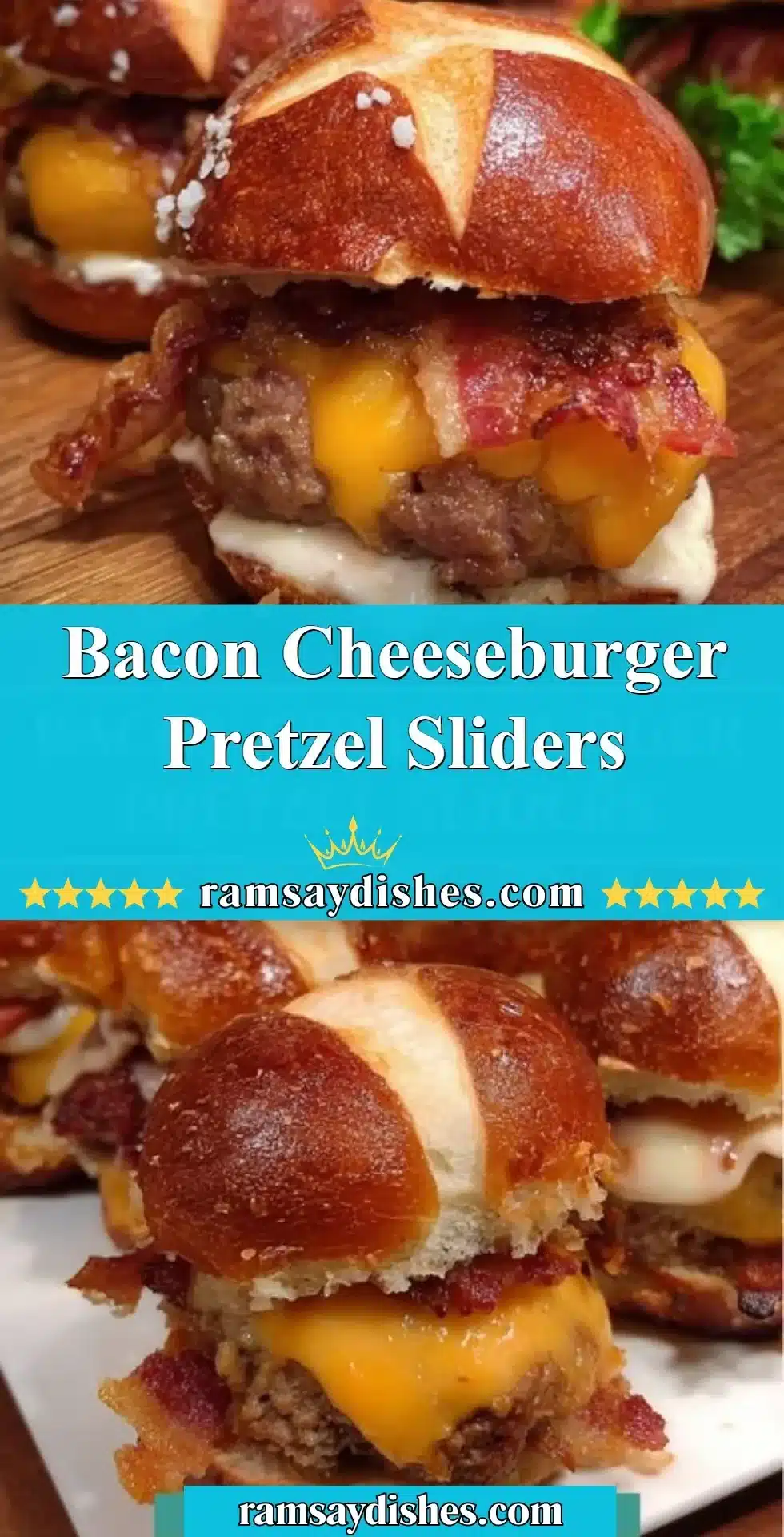 Bacon Cheeseburger Pretzel Sliders 2 Bacon cheeseburger pretzel sliders served on a platter