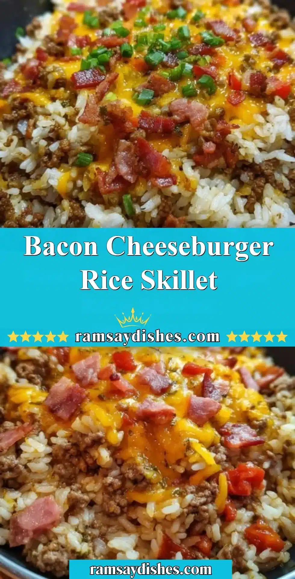 Bacon cheeseburger rice skillet topped with cheese and crispy bacon