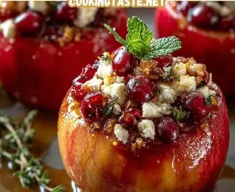 Baked apples stuffed with feta, honey, and cranberries served on a plate.