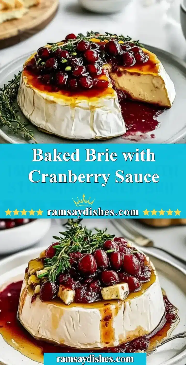 Baked Brie with Cranberry Sauce 7 Baked brie topped with cranberry sauce garnished with herbs on a wooden serving board.