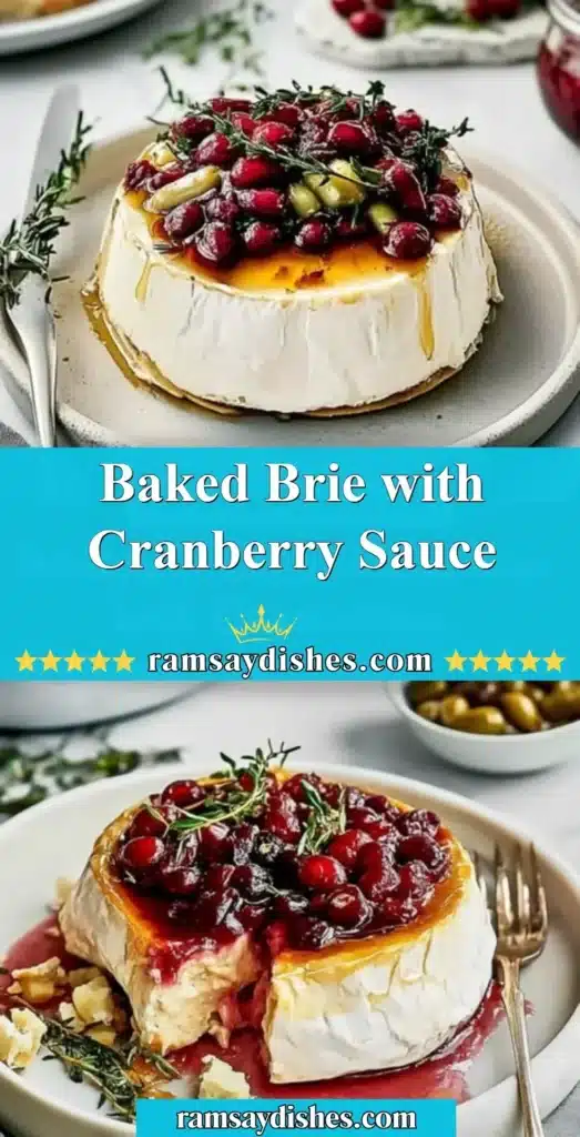 Baked Brie topped with tart cranberry sauce and served warm.
