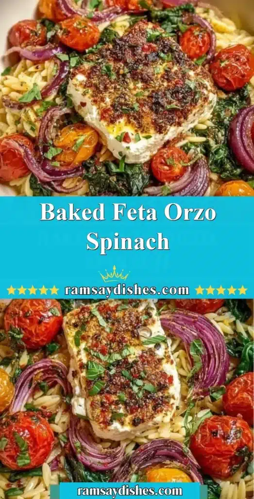 Baked feta orzo with spinach in a colorful dish garnished with herbs.