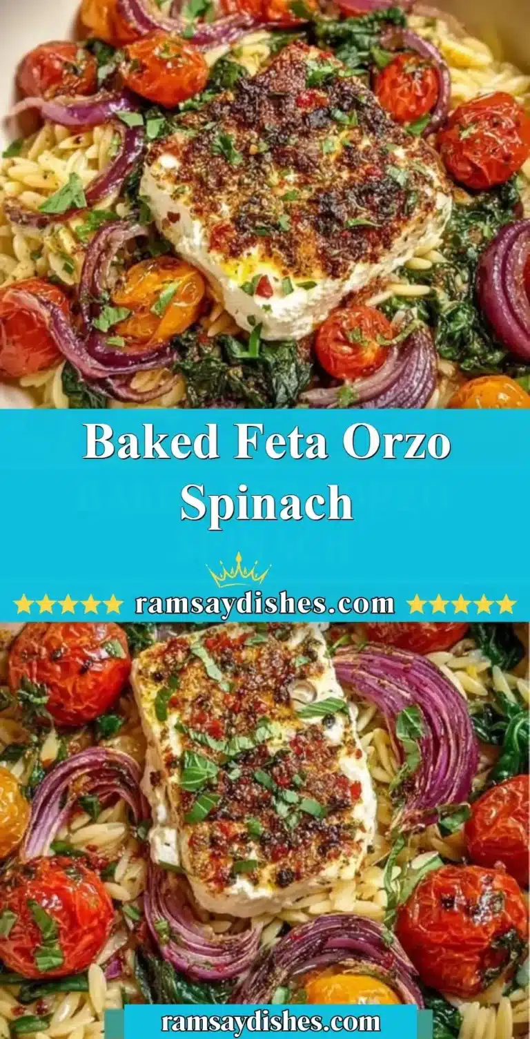 Baked feta orzo with spinach in a colorful dish garnished with herbs.