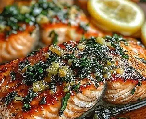 Baked salmon fillet garnished with garlic and fresh herbs