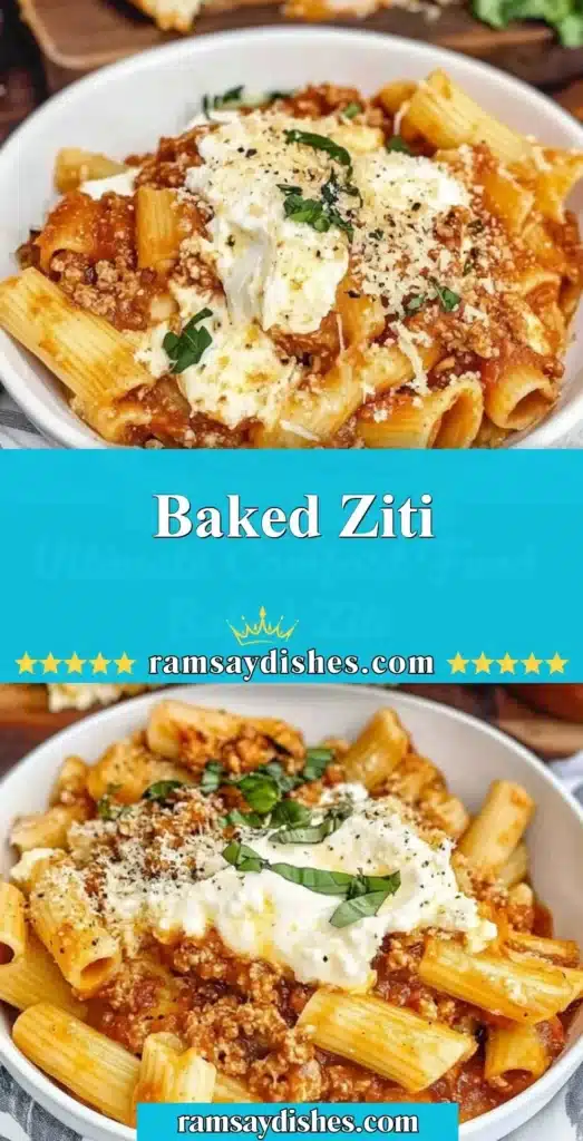 Delicious baked ziti topped with melted cheese and fresh herbs
