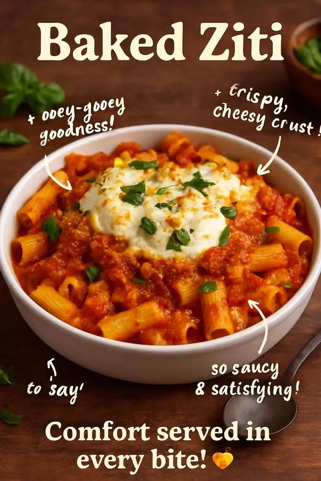 Delicious baked ziti topped with melted cheese and fresh herbs