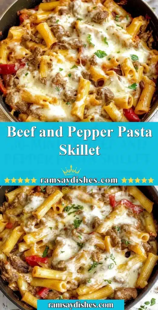 Beef and Pepper Pasta Skillet in a cast-iron pan with vibrant colors
