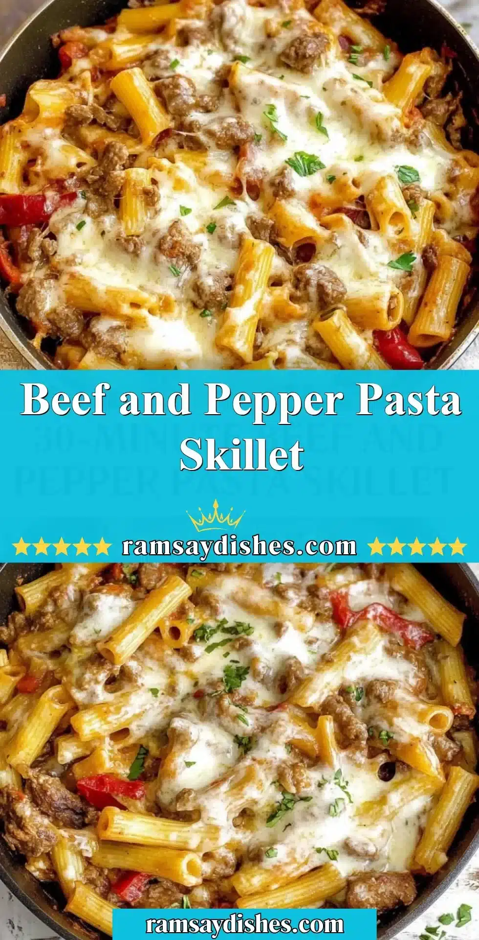 Beef and Pepper Pasta Skillet in a cast-iron pan with vibrant colors