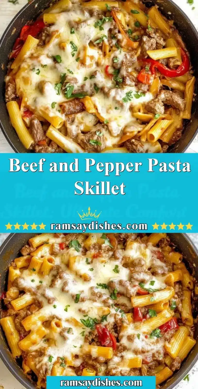 Beef and Pepper Pasta Skillet garnished with herbs, ready to serve.