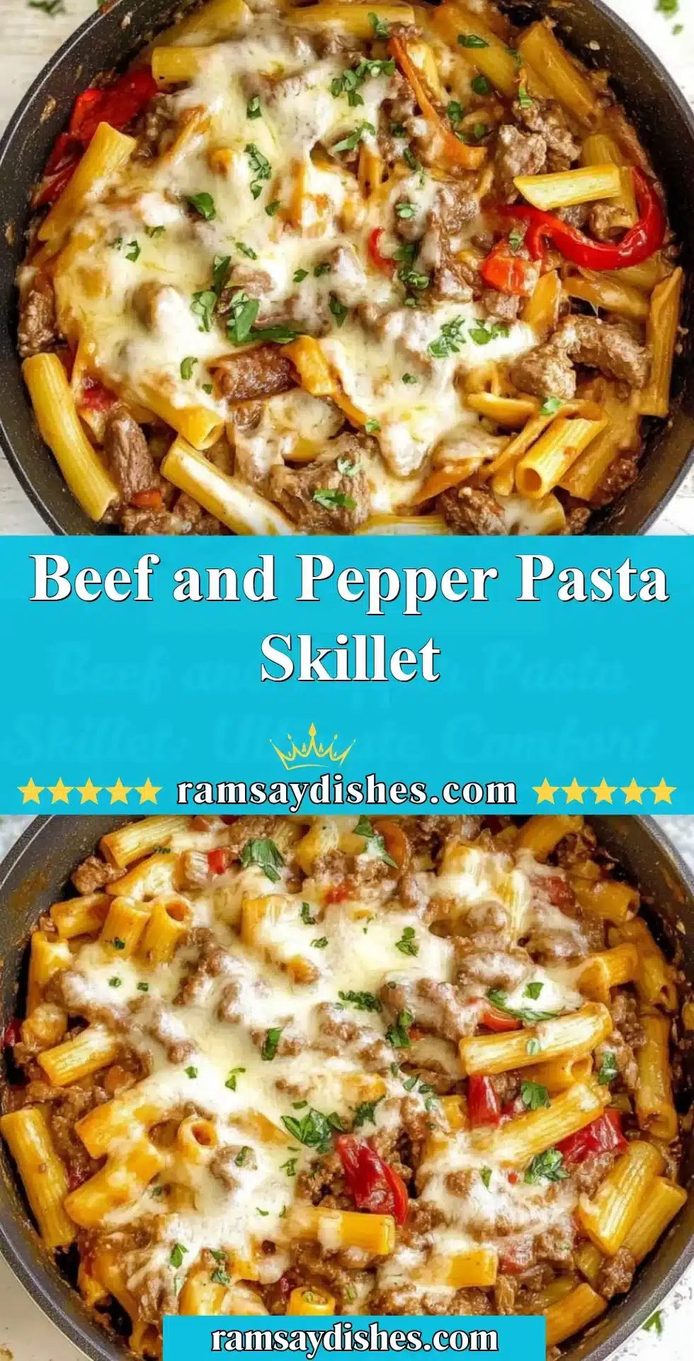 Beef and Pepper Pasta Skillet 2 Beef and Pepper Pasta Skillet garnished with herbs, ready to serve.