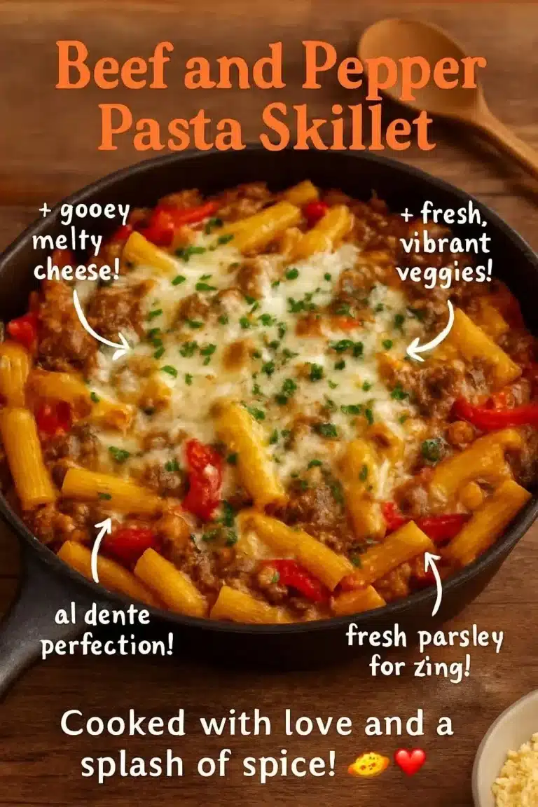 Beef and Pepper Pasta Skillet 8 Beef and Pepper Pasta Skillet with colorful peppers and juicy beef in a skillet.