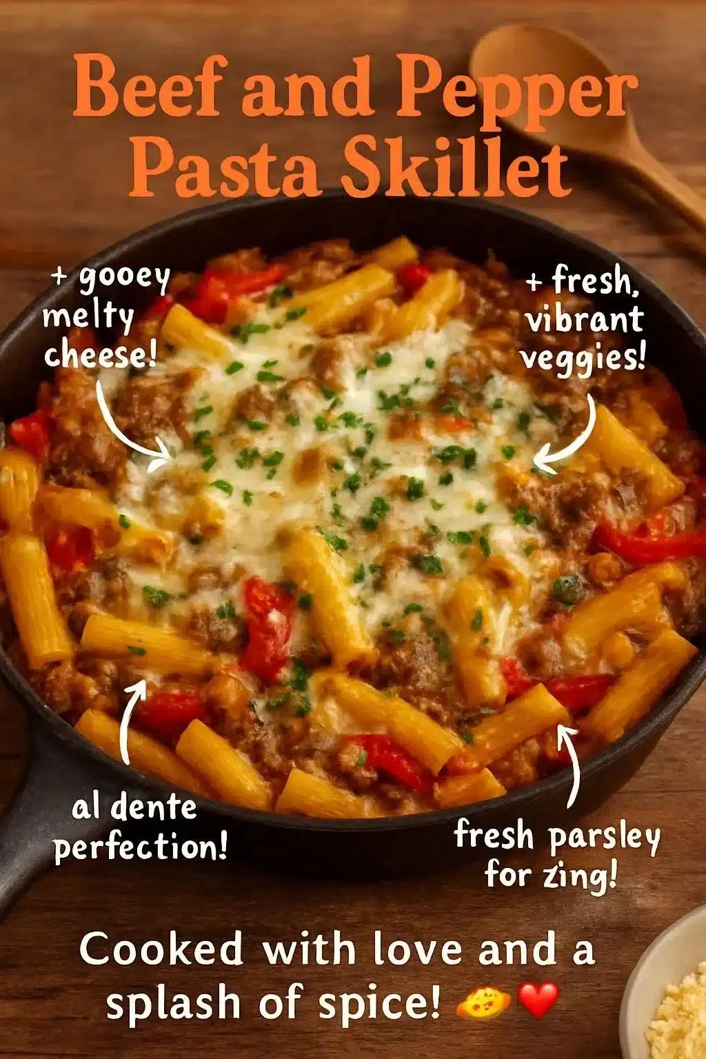 Beef and Pepper Pasta Skillet with colorful peppers and juicy beef in a skillet.