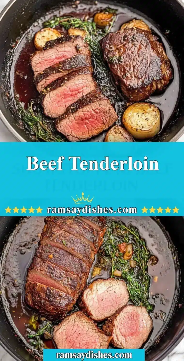 Perfectly cooked beef tenderloin on a wooden cutting board.