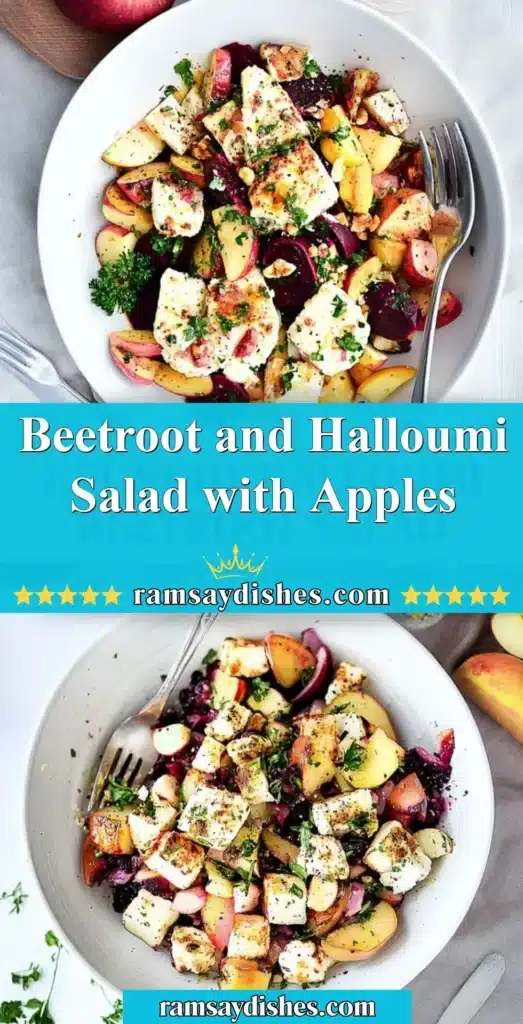 Beetroot Salad with Halloumi and Apples served in a bright bowl