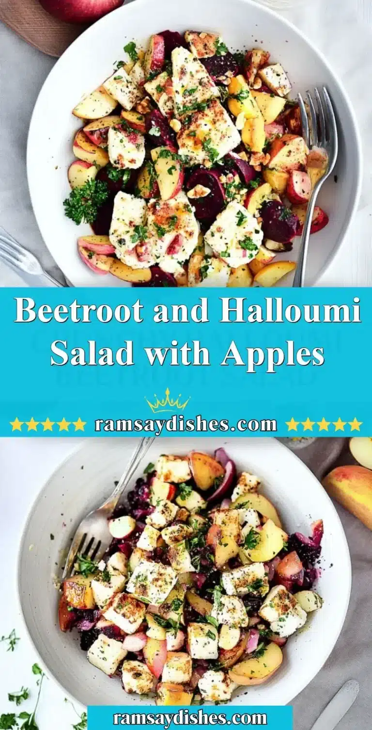 Beetroot Salad with Halloumi and Apples served in a bright bowl