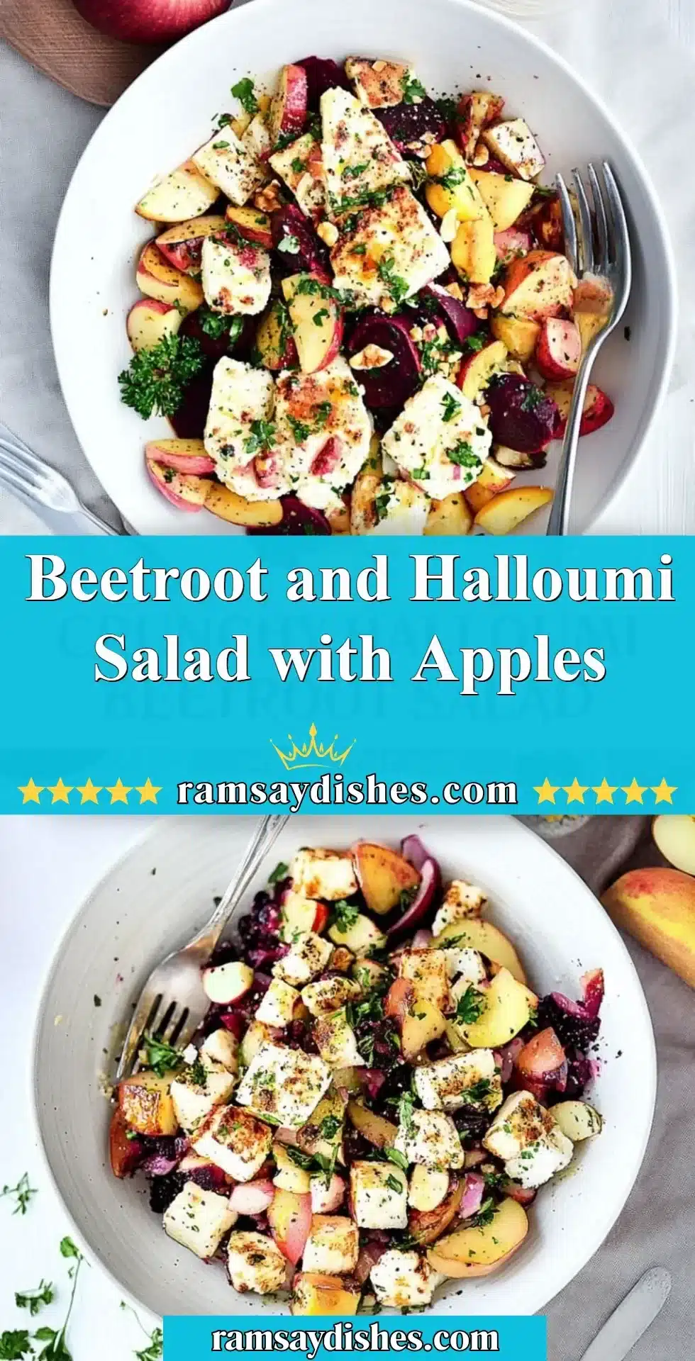 Beetroot Salad with Halloumi and Apples served in a bright bowl