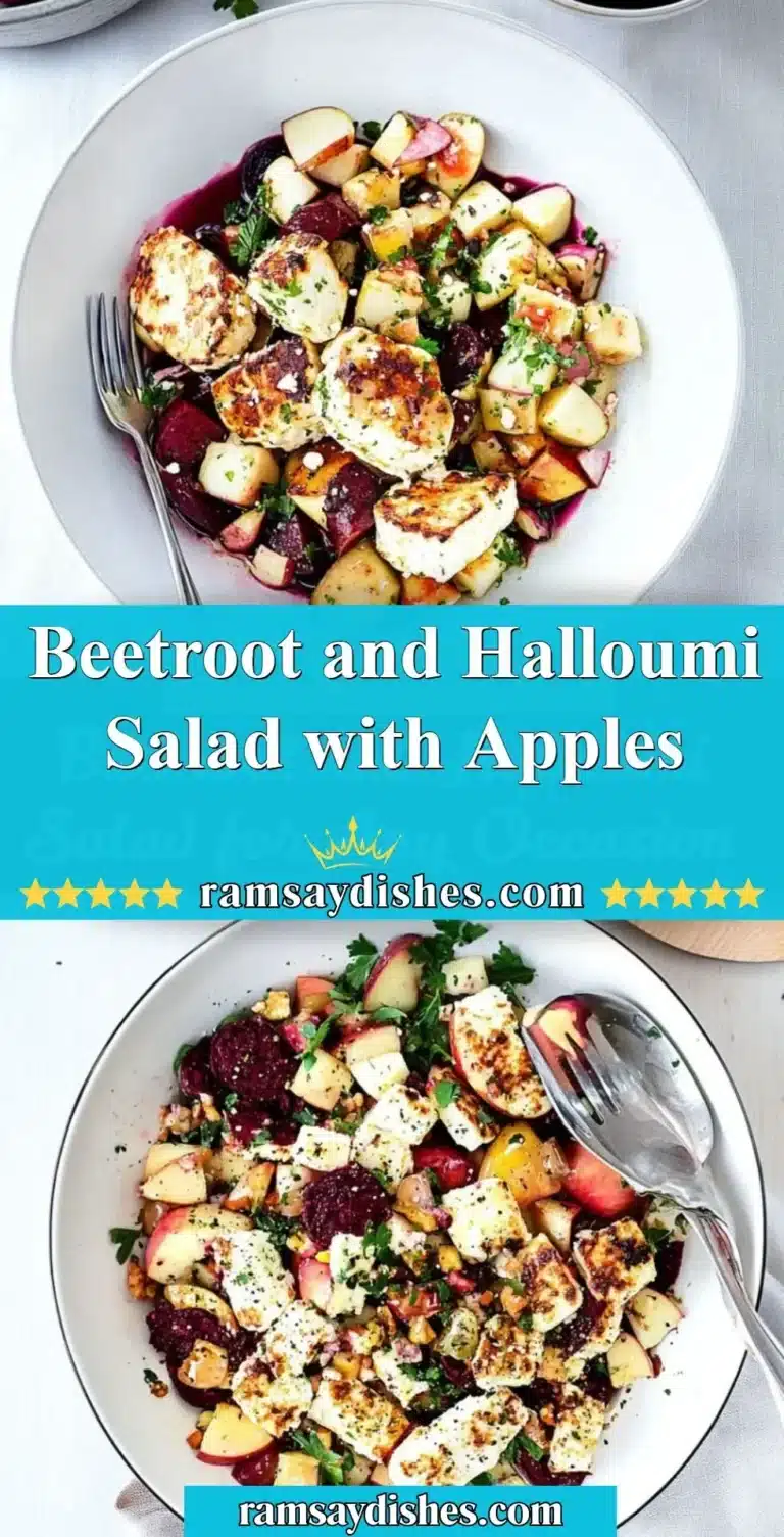 Beetroot and Halloumi Salad with Apples 7 Beetroot salad with halloumi cheese and sliced apples served on a plate.