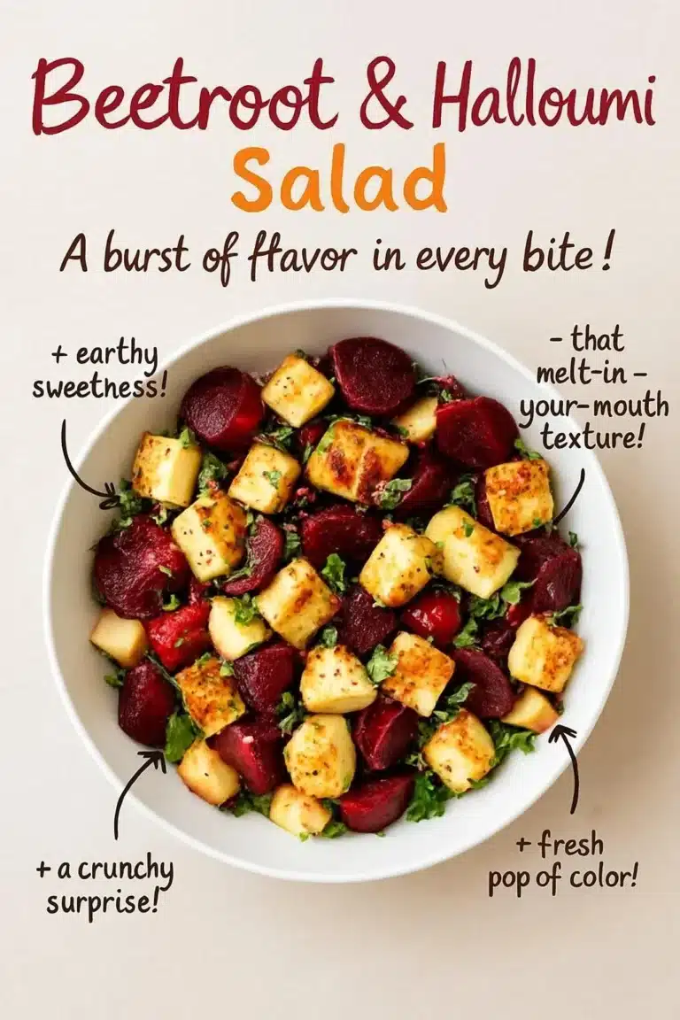 Beetroot Halloumi Salad with fresh apples and colorful veggies on a plate.