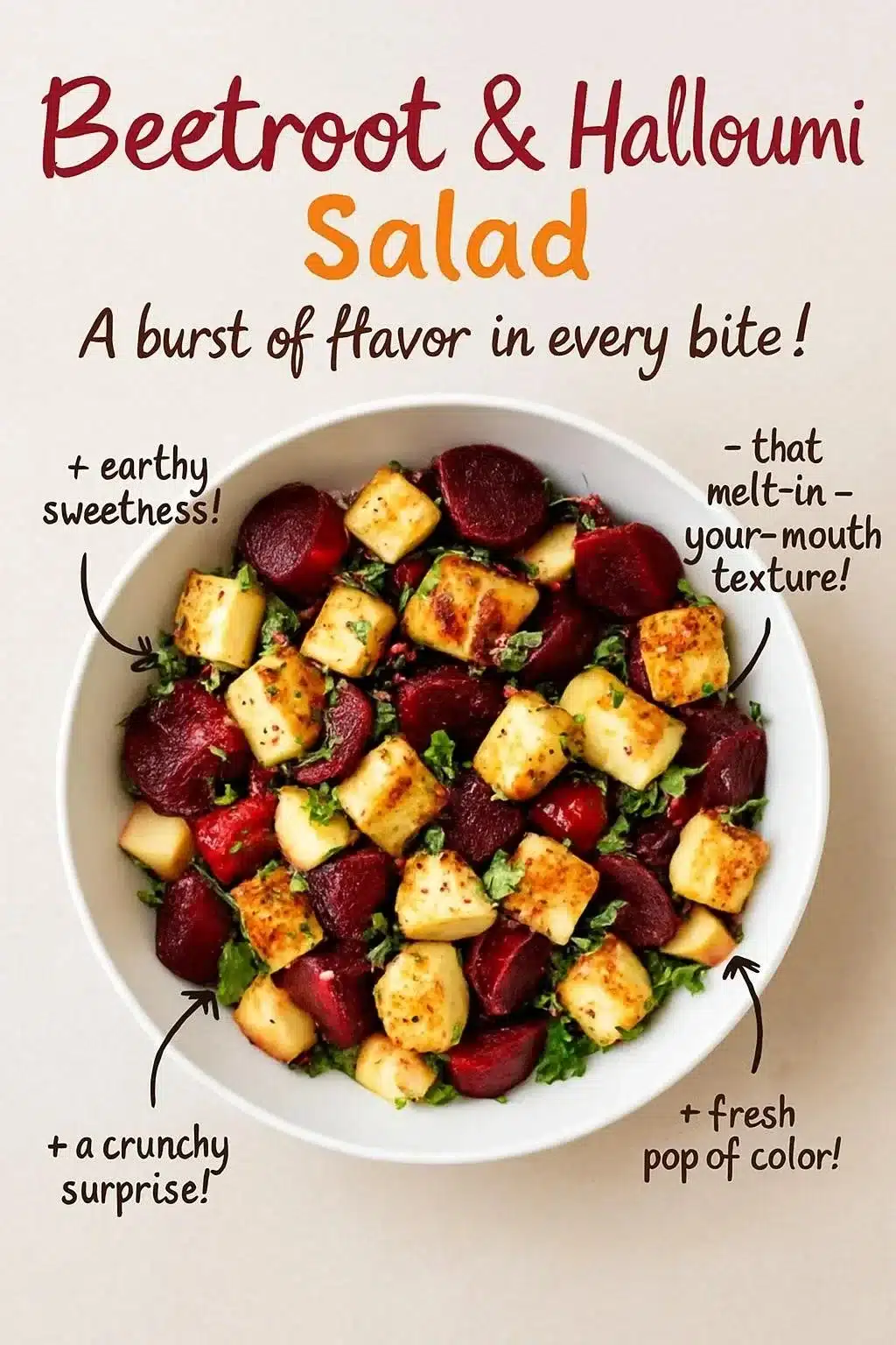 Beetroot Halloumi Salad with fresh apples and colorful veggies on a plate.