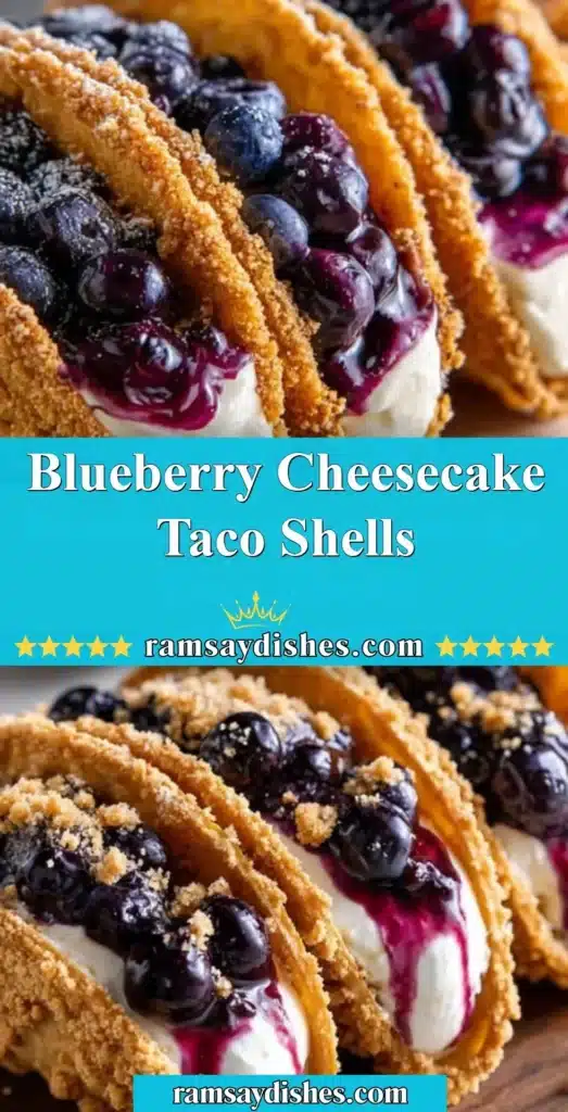 Blueberry cheesecake taco shells dessert topped with fresh blueberries.