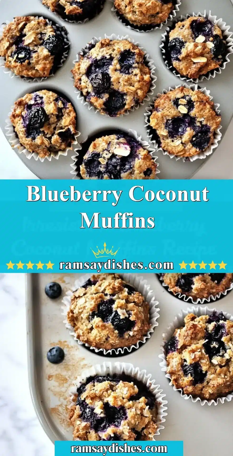 Blueberry Coconut Muffins 2 Blueberry coconut muffins freshly baked and topped with blueberries on a cooling rack.