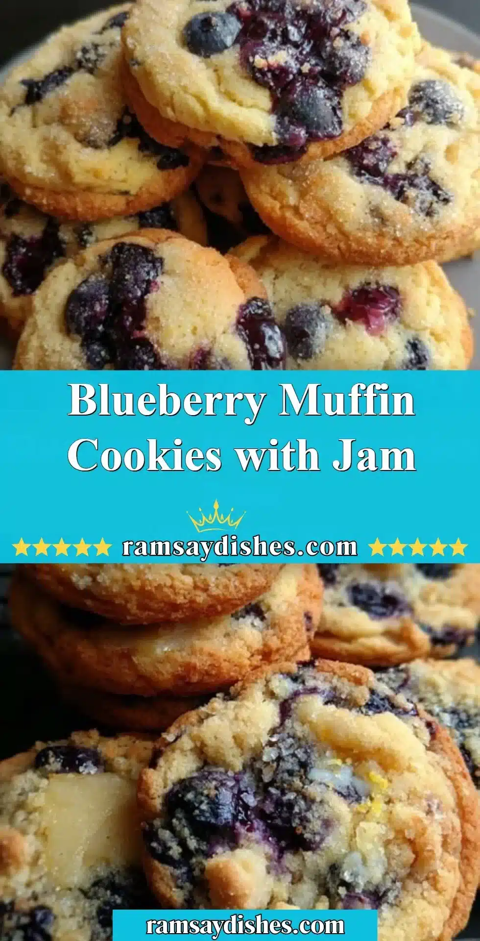 Blueberry muffin cookies topped with jam on a plate, showcasing their delicious texture