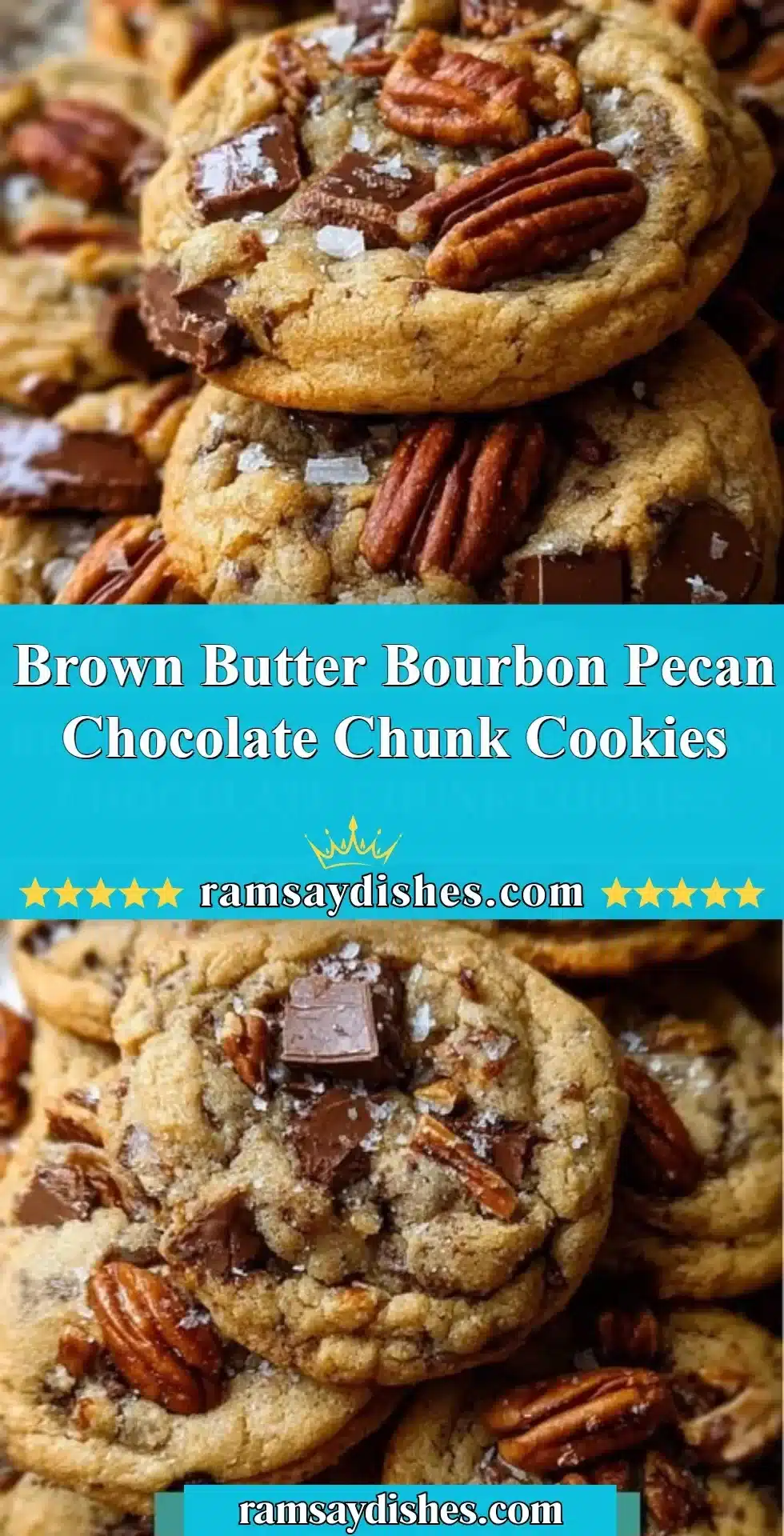 Brown Butter Bourbon Pecan Chocolate Chunk Cookies 2 Brown butter bourbon pecan chocolate chunk cookies on a plate