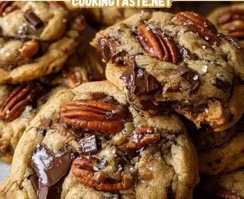 Brown butter bourbon pecan chocolate chunk cookies stacked on a plate