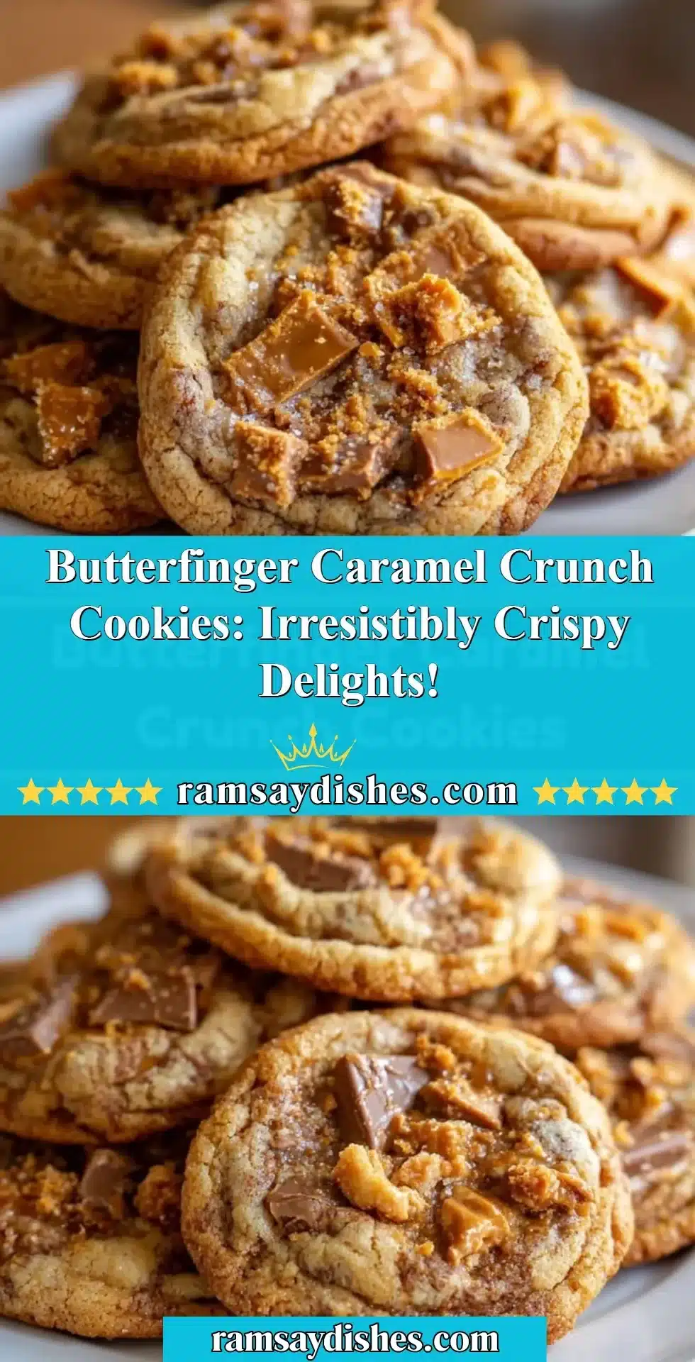 Butterfinger Caramel Crunch Cookies: Irresistibly Crispy Delights! 2 Plate of crispy Butterfinger caramel crunch cookies with chocolate drizzle