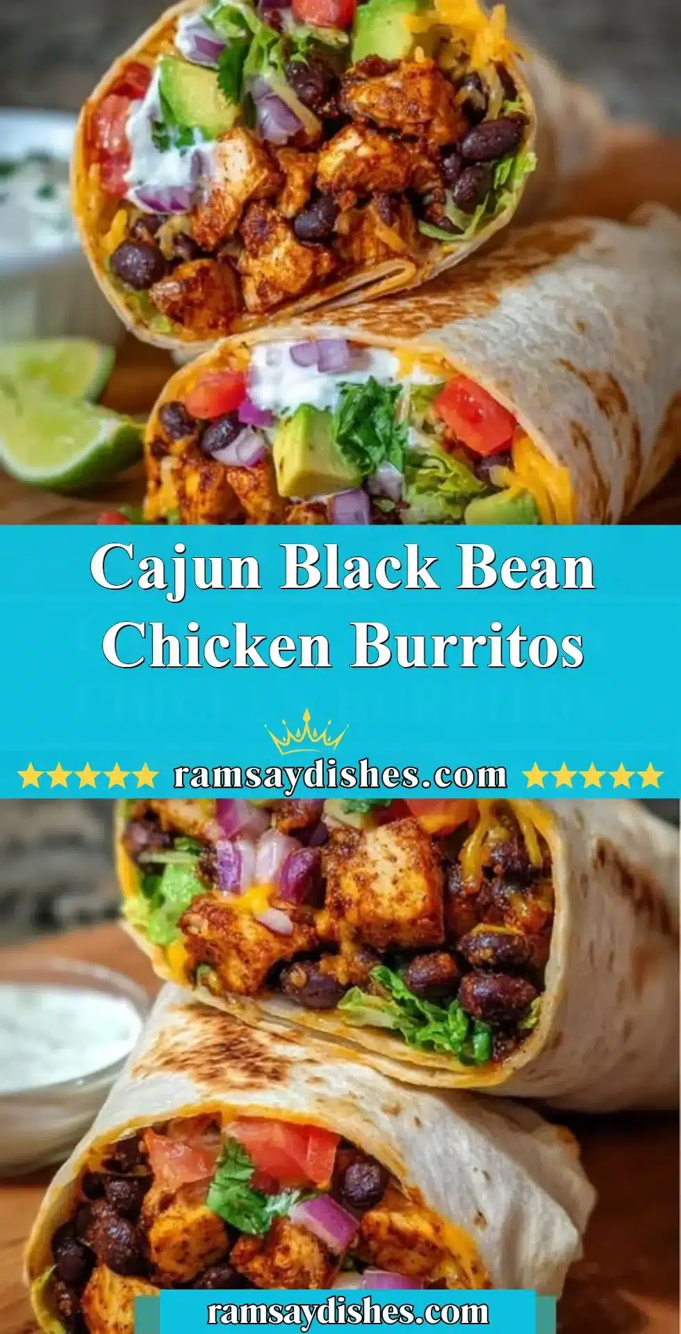 Cajun Black Bean Chicken Burritos 2 Cajun black bean chicken burritos with fresh ingredients and vibrant spices