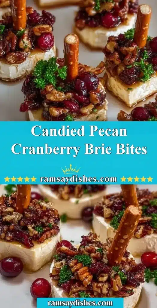 Delicious candied pecan cranberry brie bites on a serving platter
