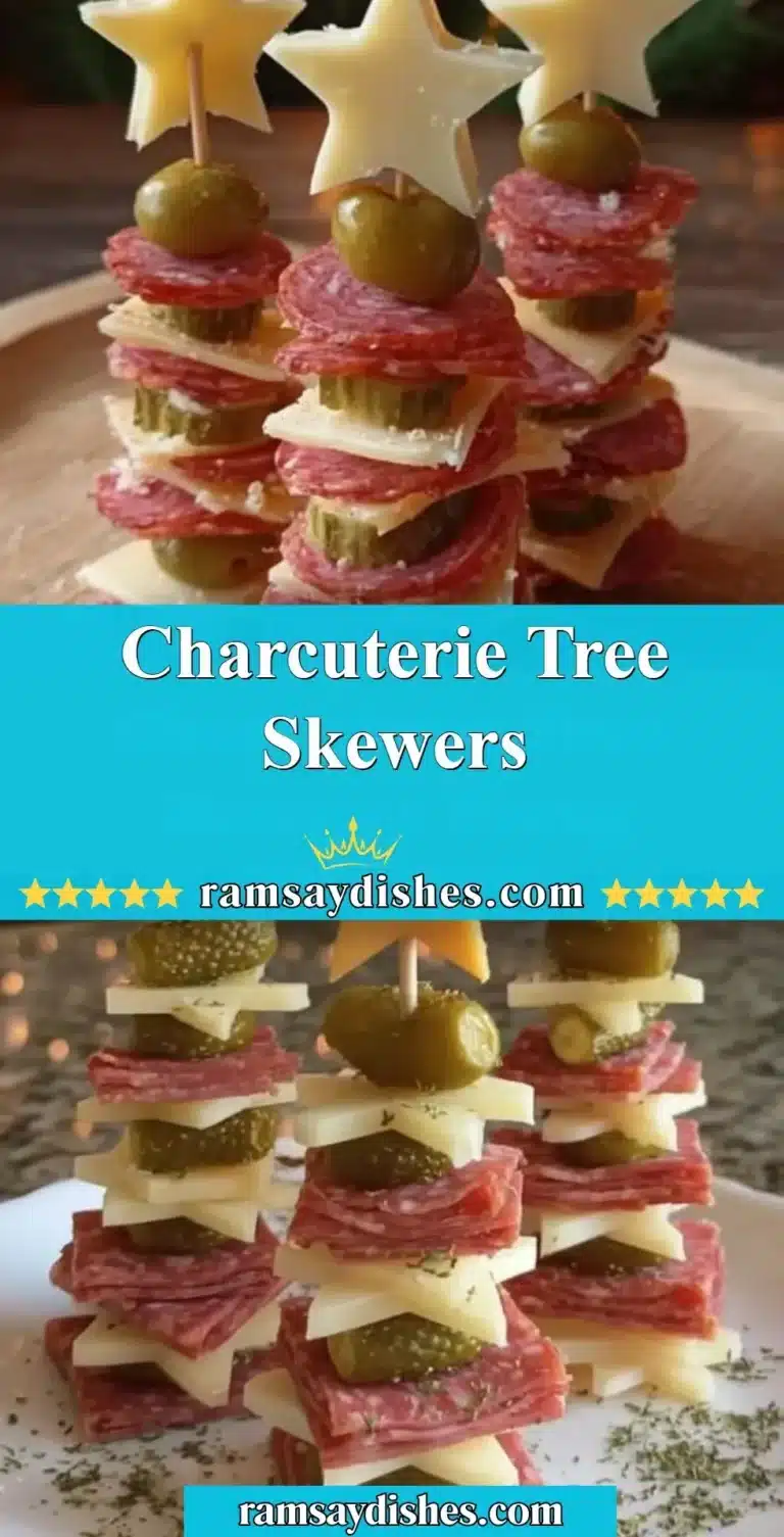Charcuterie Tree Skewers 7 Colorful charcuterie skewers arranged in a festive tree display.
