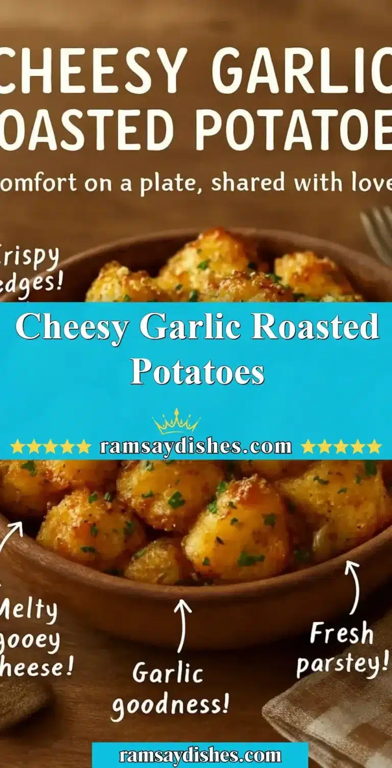 Cheesy Garlic Roasted Potatoes 4 Cheesy garlic roasted potatoes garnished with herbs, served in a dish