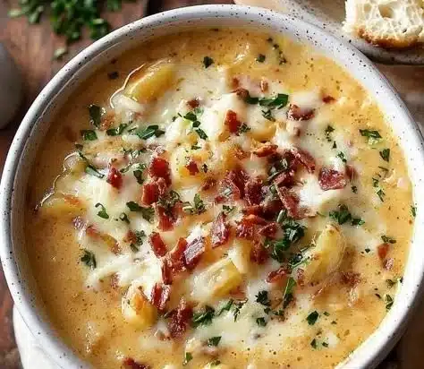 Bowl of cheesy loaded baked potato soup topped with bacon and chives