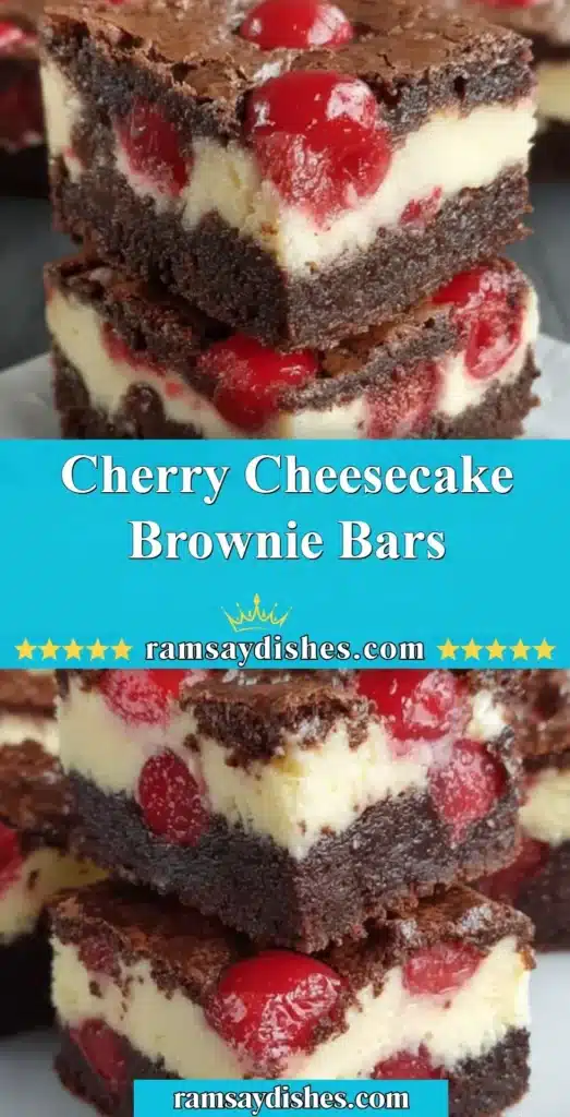 Delicious Cherry Cheesecake Brownie Bars topped with cherries and cream cheese